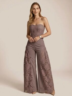 NWT Strapless Lace-Panel Jumpsuit in Mauve